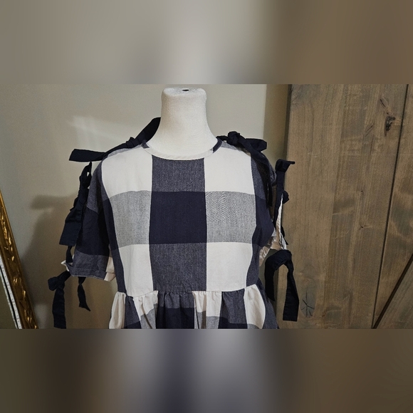 LAZY OAF Left Field Tie Dress In Blue/white Checkered Print. Size 6 - Picture 6 of 16